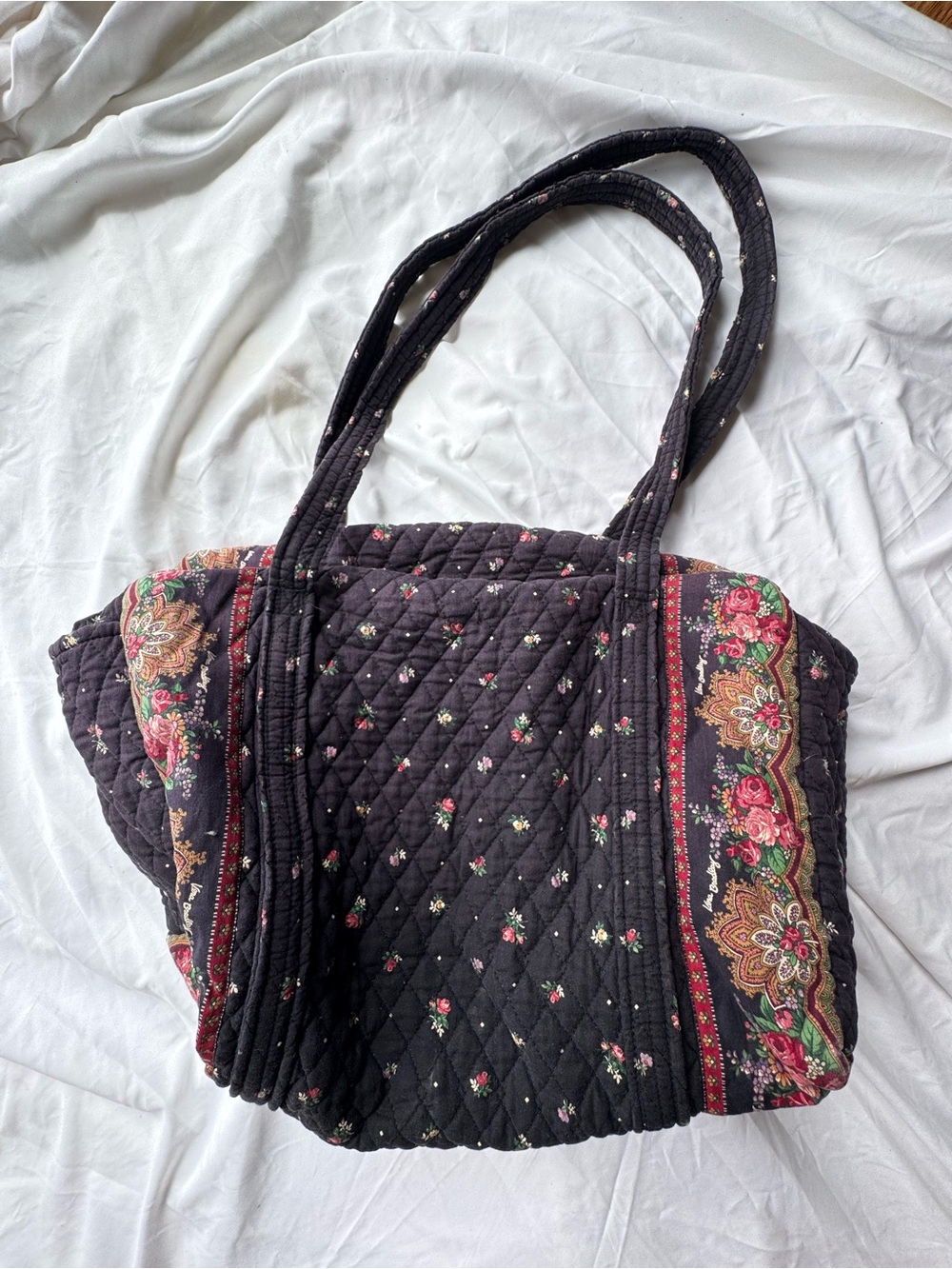 Vintage Vera Bradley Black Quilted Tote with Pink and Green Floral Trim